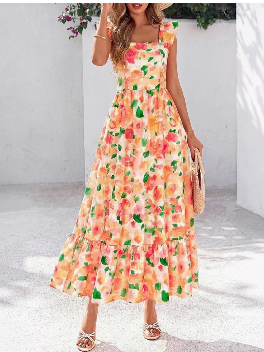 Floral Ruffle Sleeve Square Neck Smocked Back Tiered Midi Dress